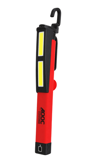 Red and black magnetic penlight work light with hook on a transparent background