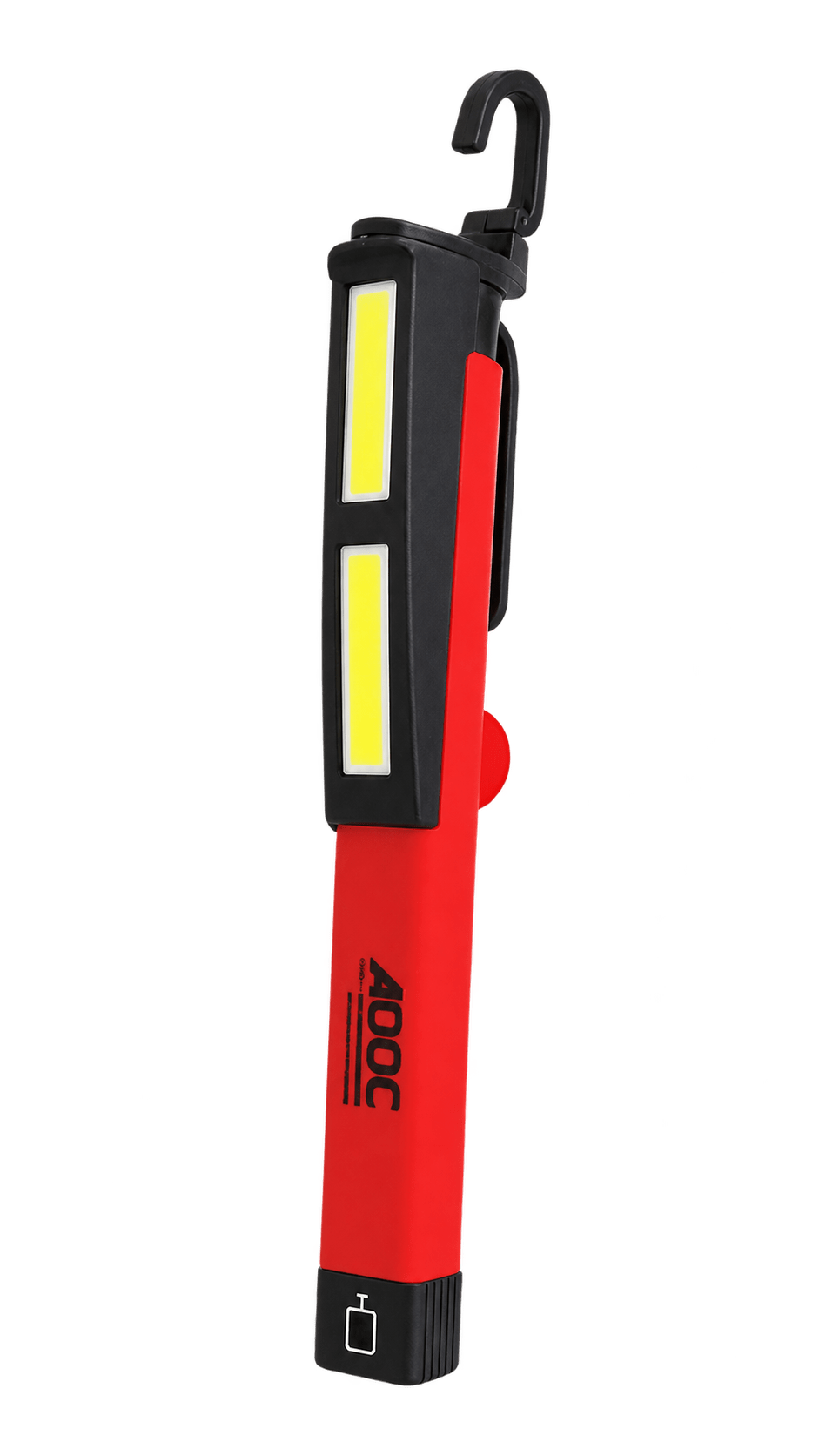 Red and black magnetic penlight work light with hook on a transparent background