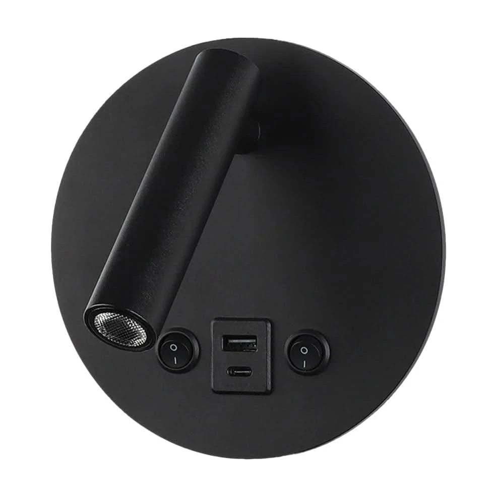 Black LED wall-mounted reading light with USB and USB-C ports, featuring a sleek design and adjustable arm.