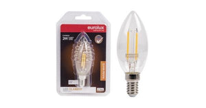 E14 2W warm white clear-filament LED candle bulb in packaging