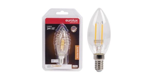 E14 2W warm white clear-filament LED candle bulb in packaging