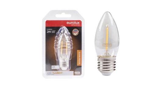 E27 2W warm white clear-filament LED candle bulb in packaging