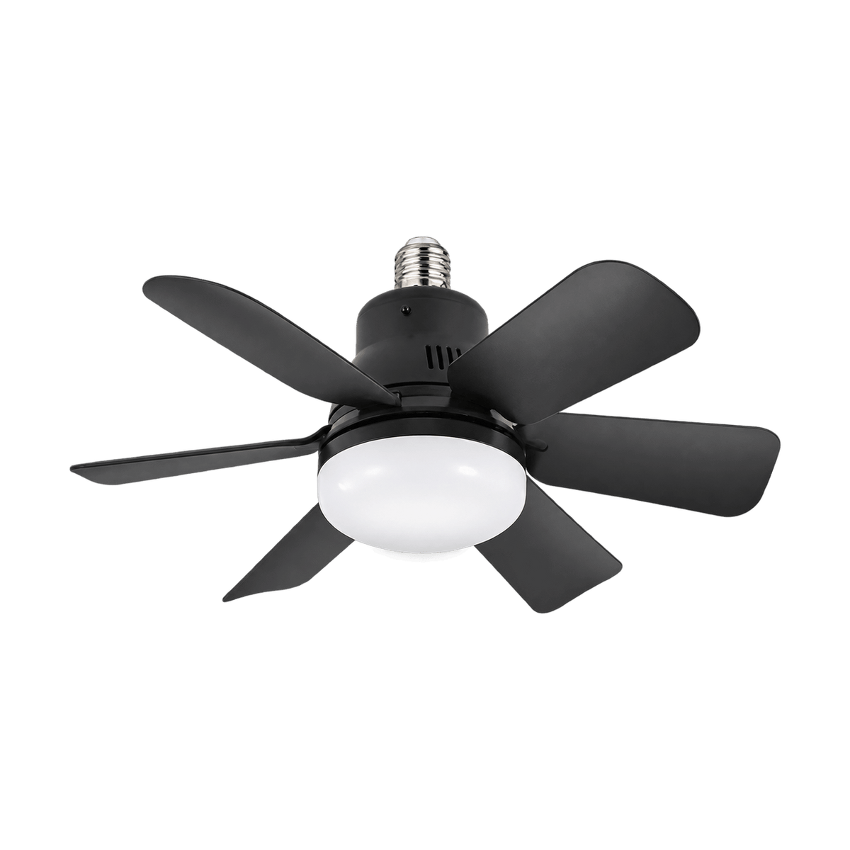 Mini black E27 ceiling fan with integrated light, transparent background