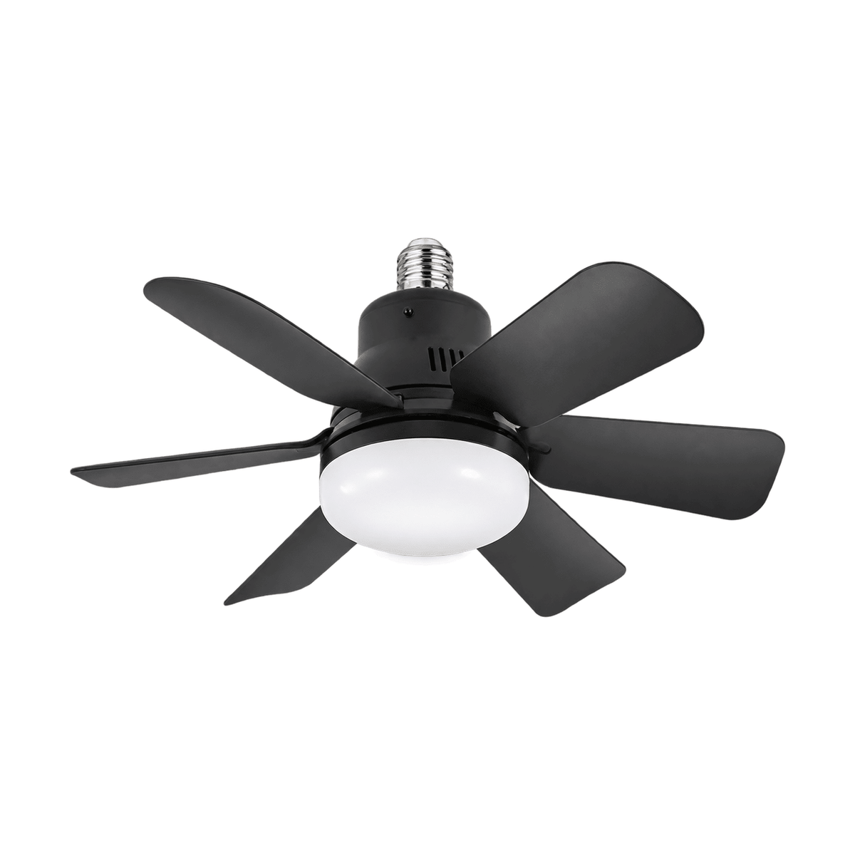 Mini black E27 ceiling fan with integrated light on white background