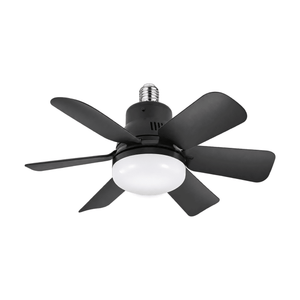 Mini black E27 ceiling fan with integrated light on white background