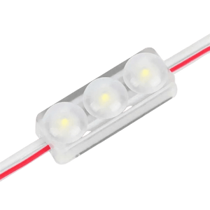 Mini LED module with three chips and red and white wires on a transparent background.