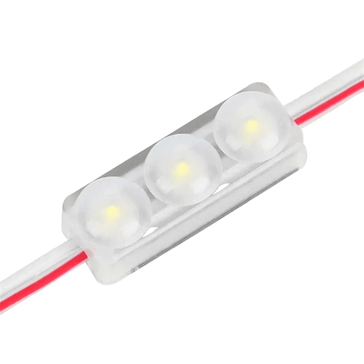 Mini LED module with three chips and red and white wires on a white background.