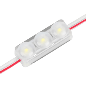 Mini LED module with three chips and red and white wires on a white background.