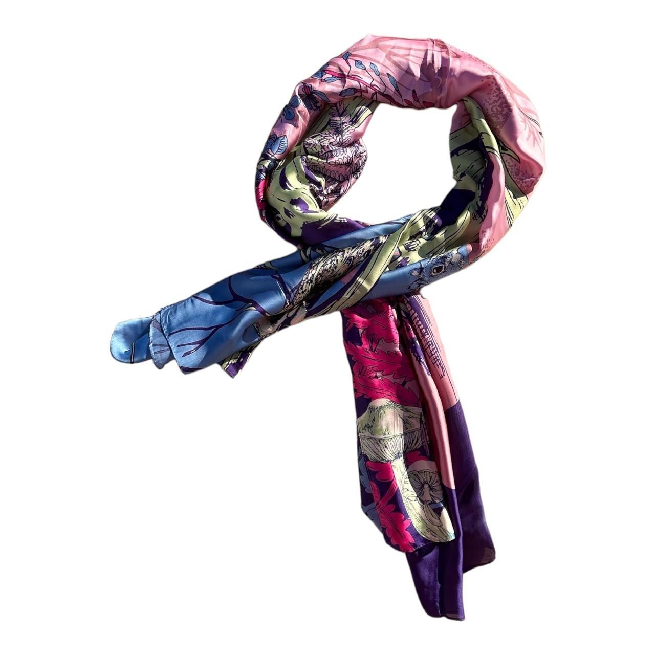 Morning Forest Polyester Scarf with Tree, Leaves, and Mushrooms Design - Future Decor