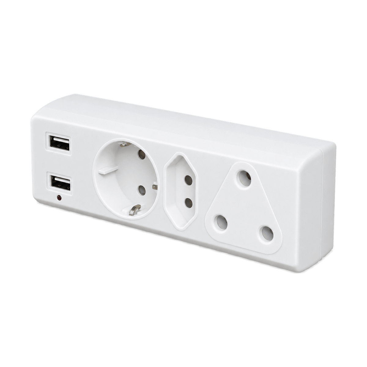 Transparent-background image of a white RSA, Schuko and Euro adaptor with two USB ports