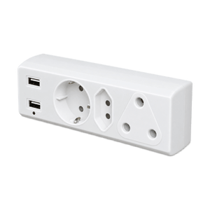 Transparent-background image of a white RSA, Schuko and Euro adaptor with two USB ports