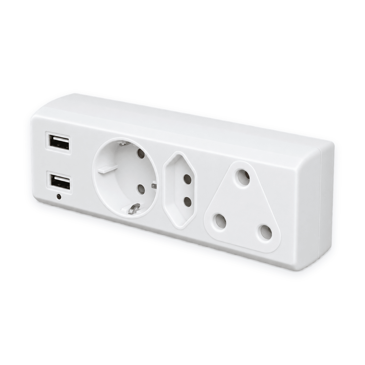 White RSA, Schuko and Euro adaptor with two USB ports on white background