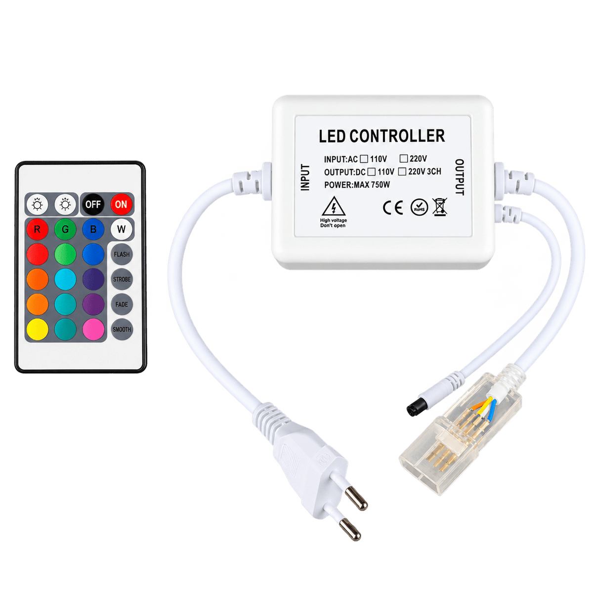 220V LED neon flex RGB power cable kit, transparent background, 1254 square