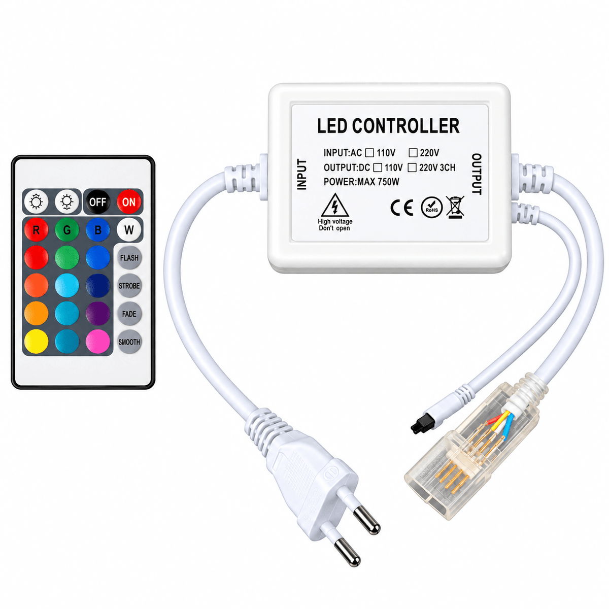 220V LED neon flex RGB power cable kit, white background, 1254 square