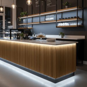 LED striplight illuminating a wooden bar counter in a modern café setting.