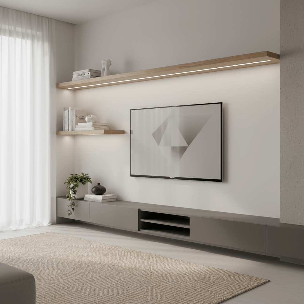 LED striplight installed under a wooden shelf, illuminating a modern living room with a TV and decorative items.