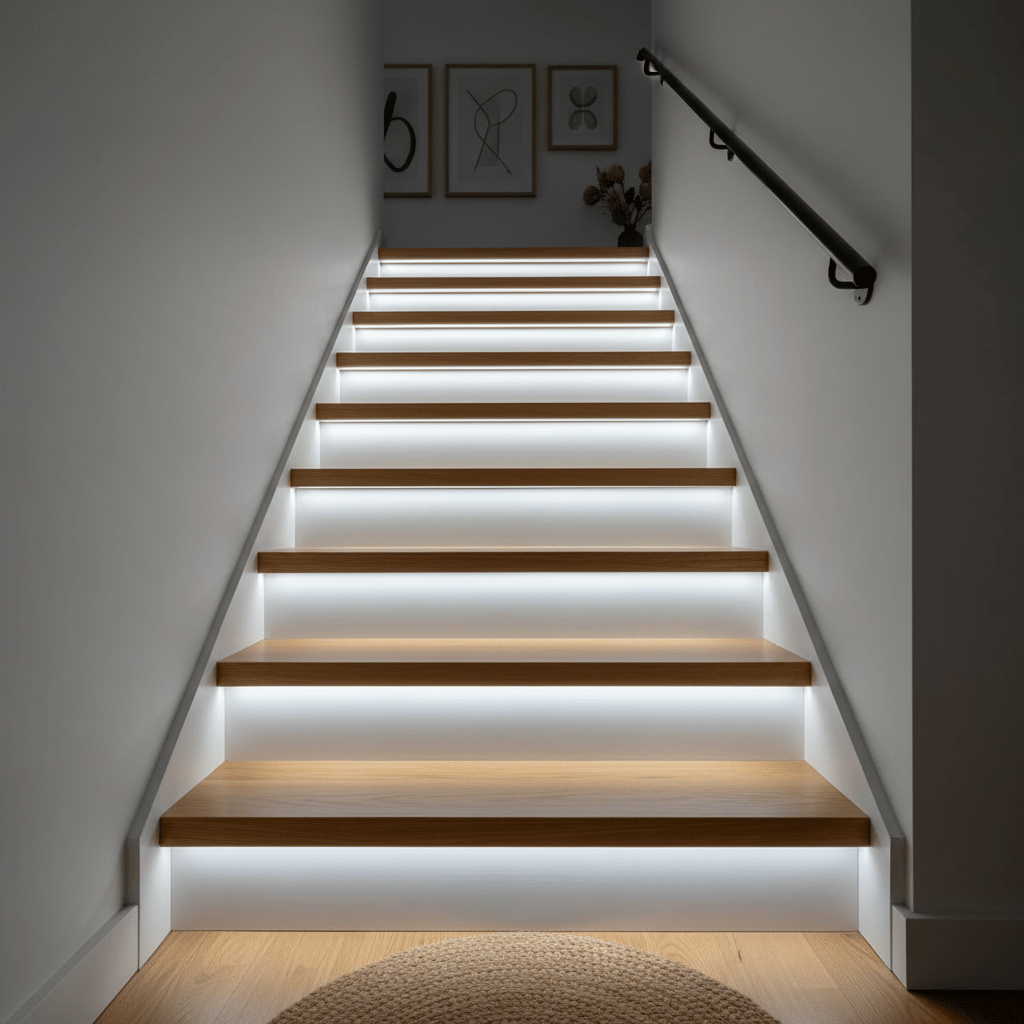 LED striplight illuminating wooden stairs, enhancing visibility and safety with bright daylight.