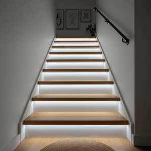 LED striplight illuminating wooden stairs, enhancing visibility and safety with bright daylight.