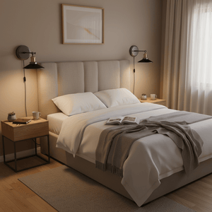Cozy bedroom scene featuring a retro industrial wall reading light beside a bed with soft linens and a book.