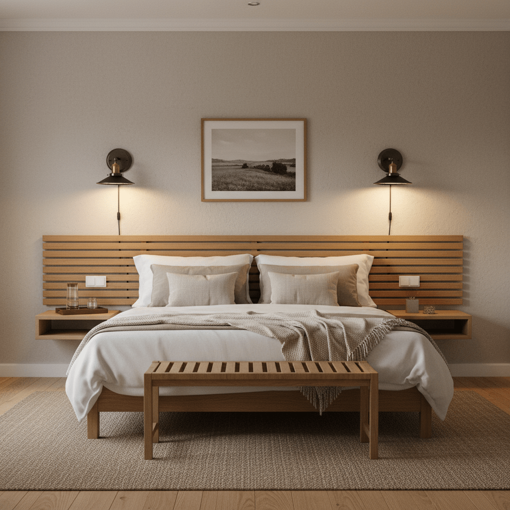 Stylish bedroom featuring a retro industrial wall reading light mounted above a wooden headboard.