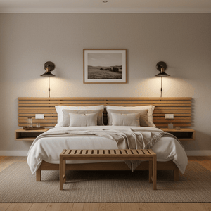 Stylish bedroom featuring a retro industrial wall reading light mounted above a wooden headboard.