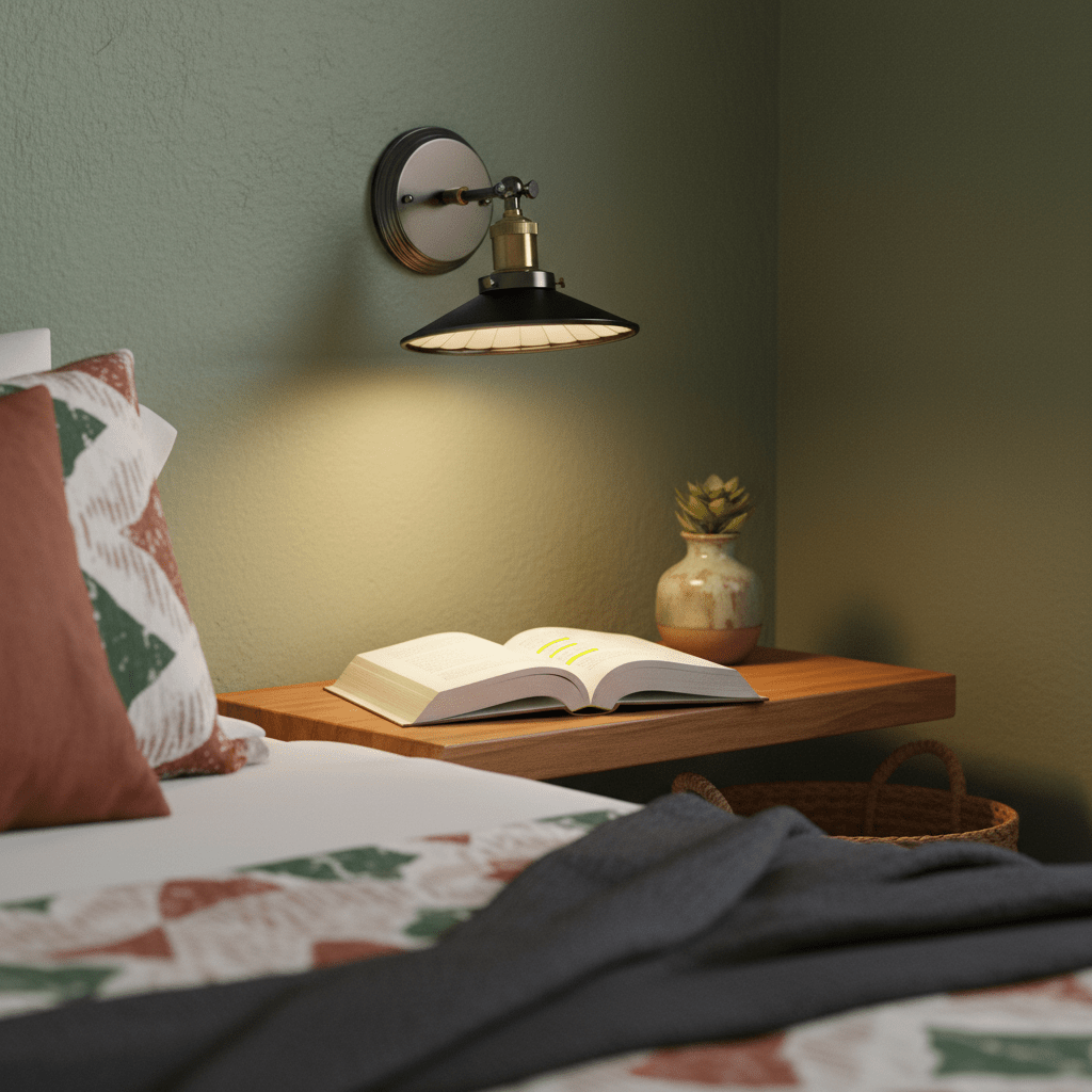 A retro industrial wall reading light mounted above a wooden bedside table with an open book and decorative items.