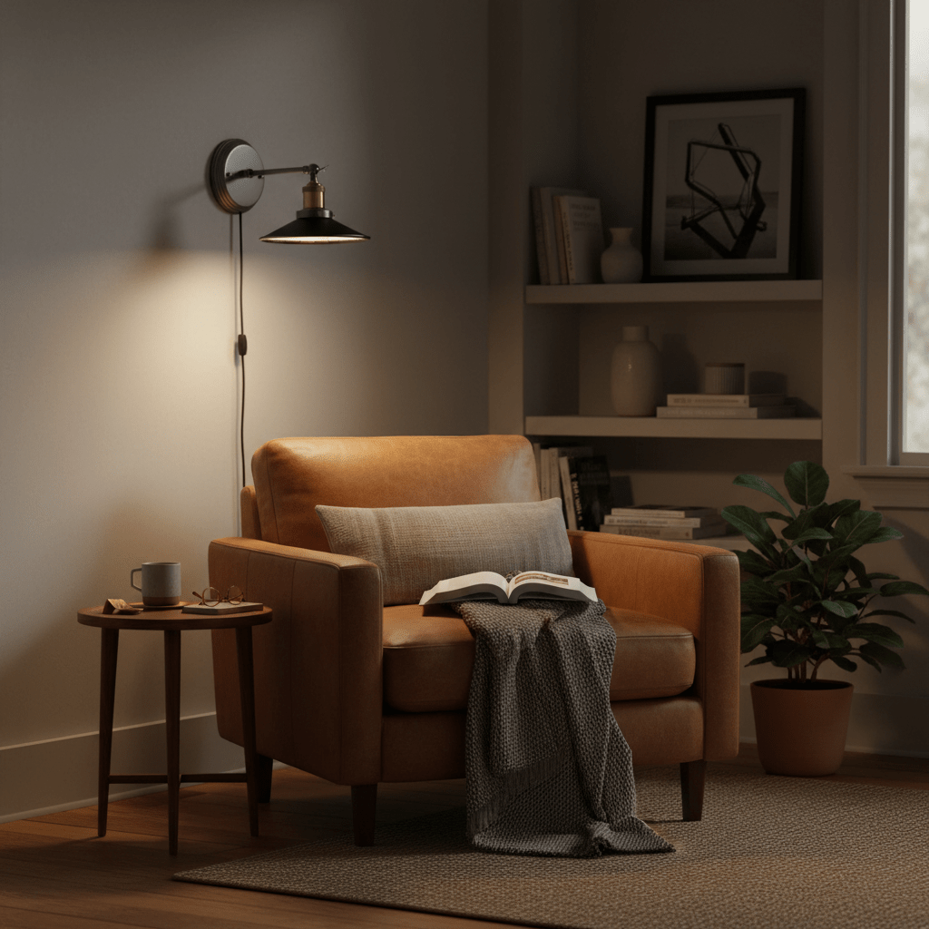 Cozy reading nook featuring a retro industrial wall light above a leather armchair with a book and blanket.