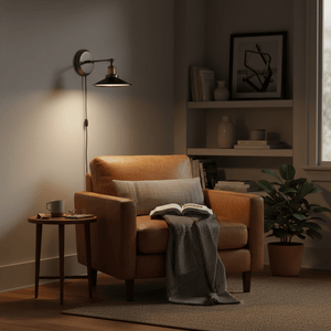 Cozy reading nook featuring a retro industrial wall light above a leather armchair with a book and blanket.