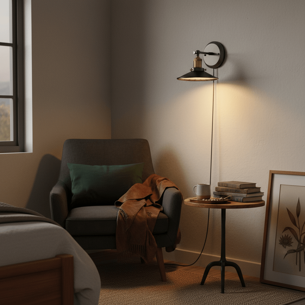 Cozy reading nook featuring a retro industrial wall light above a chair with a blanket and side table.
