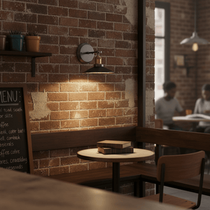 Retro industrial wall reading light mounted on a brick wall, illuminating a cozy seating area with books on a table.