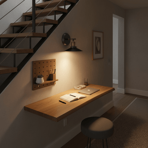 Industrial wall reading light illuminating a wooden desk with an open book and laptop, creating a cozy workspace.