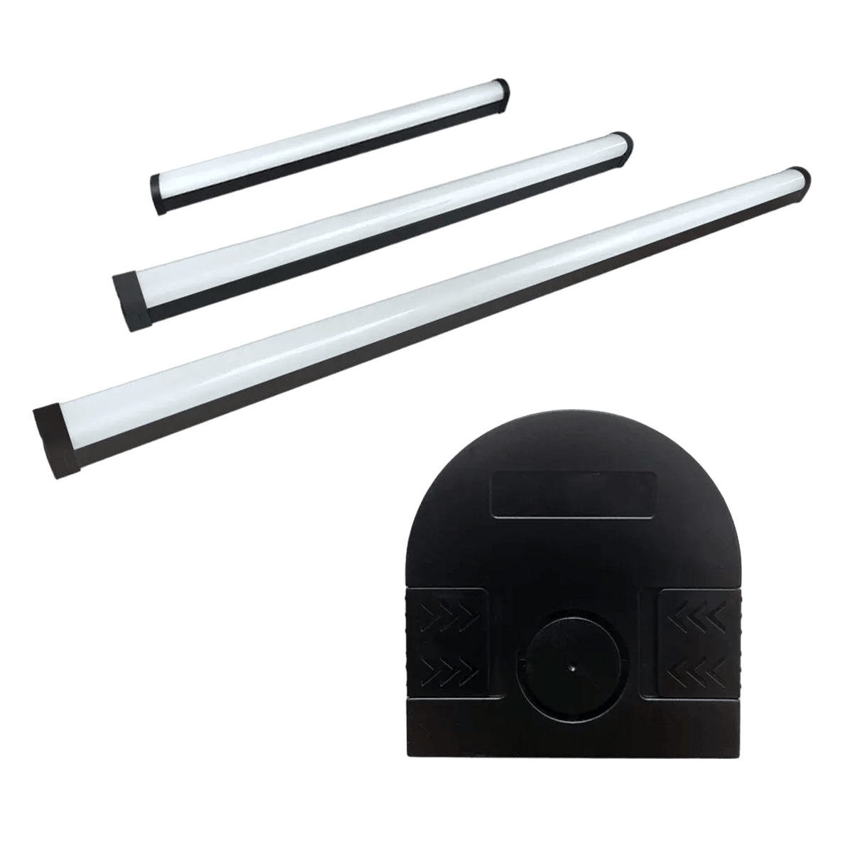 Black Oarca linkable batten lights and connector module on a transparent background.