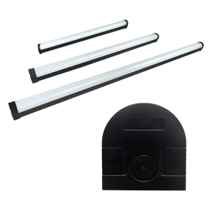 Black Oarca linkable batten lights and connector module on a transparent background.