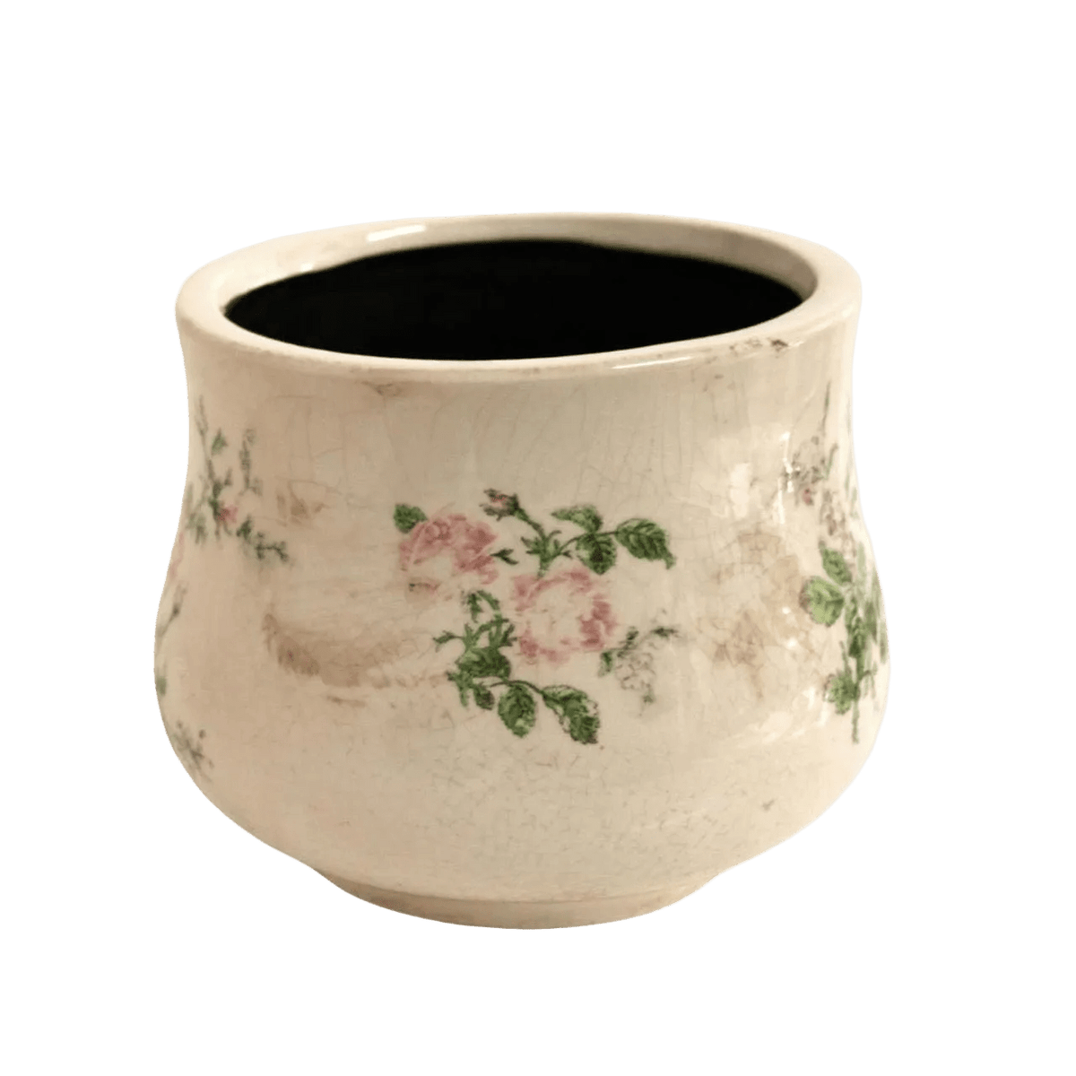 Off White Planter Pot - Pink Roses & Green Leaves