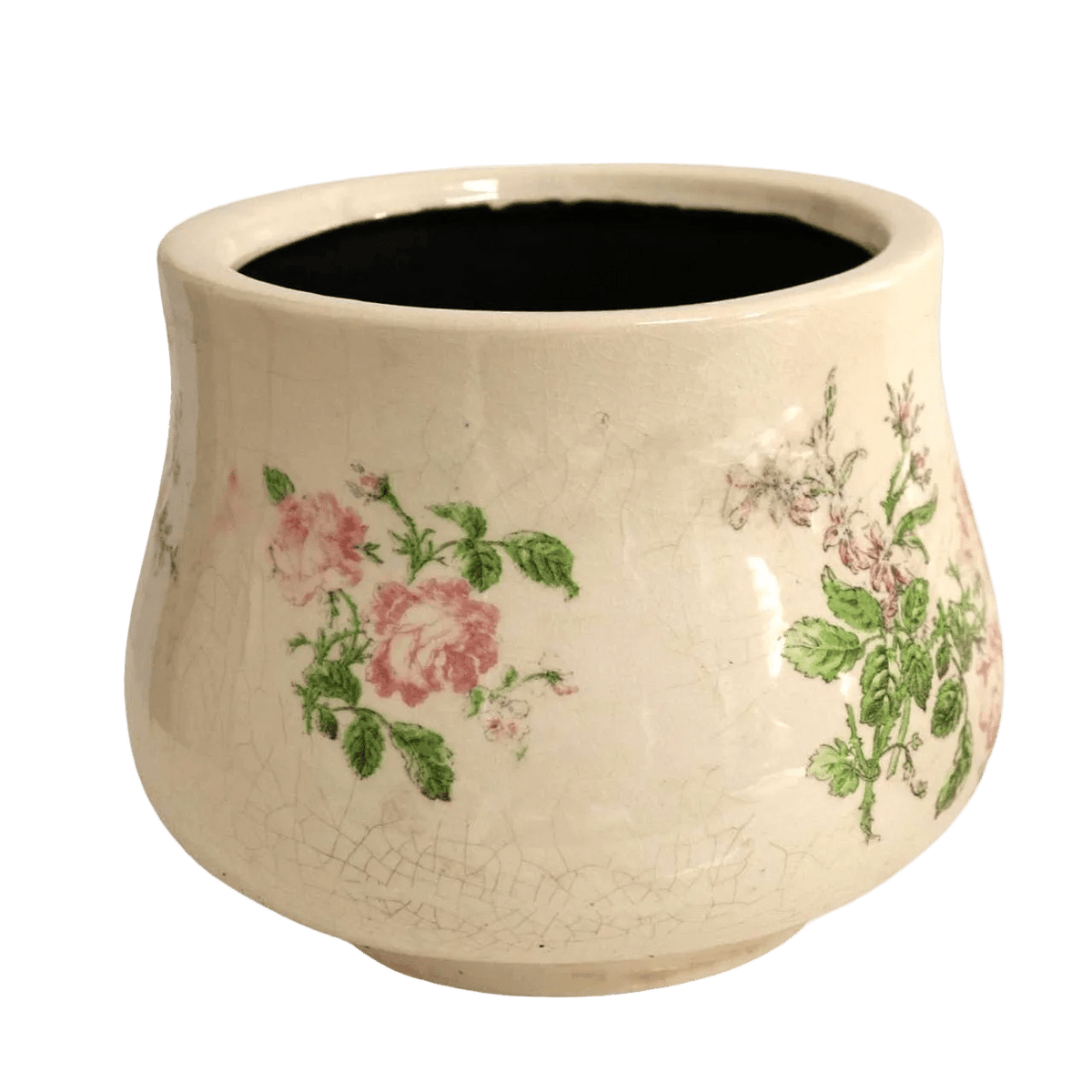 Off White Pot Planter - Pink Flowers & Green Leaves