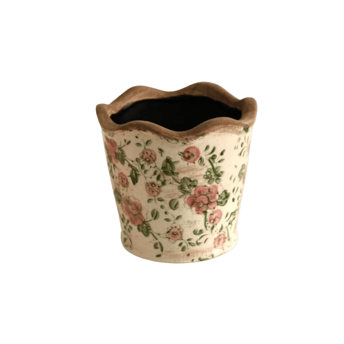 Off White Pot Planter - Pink Flowers & Green Leaves