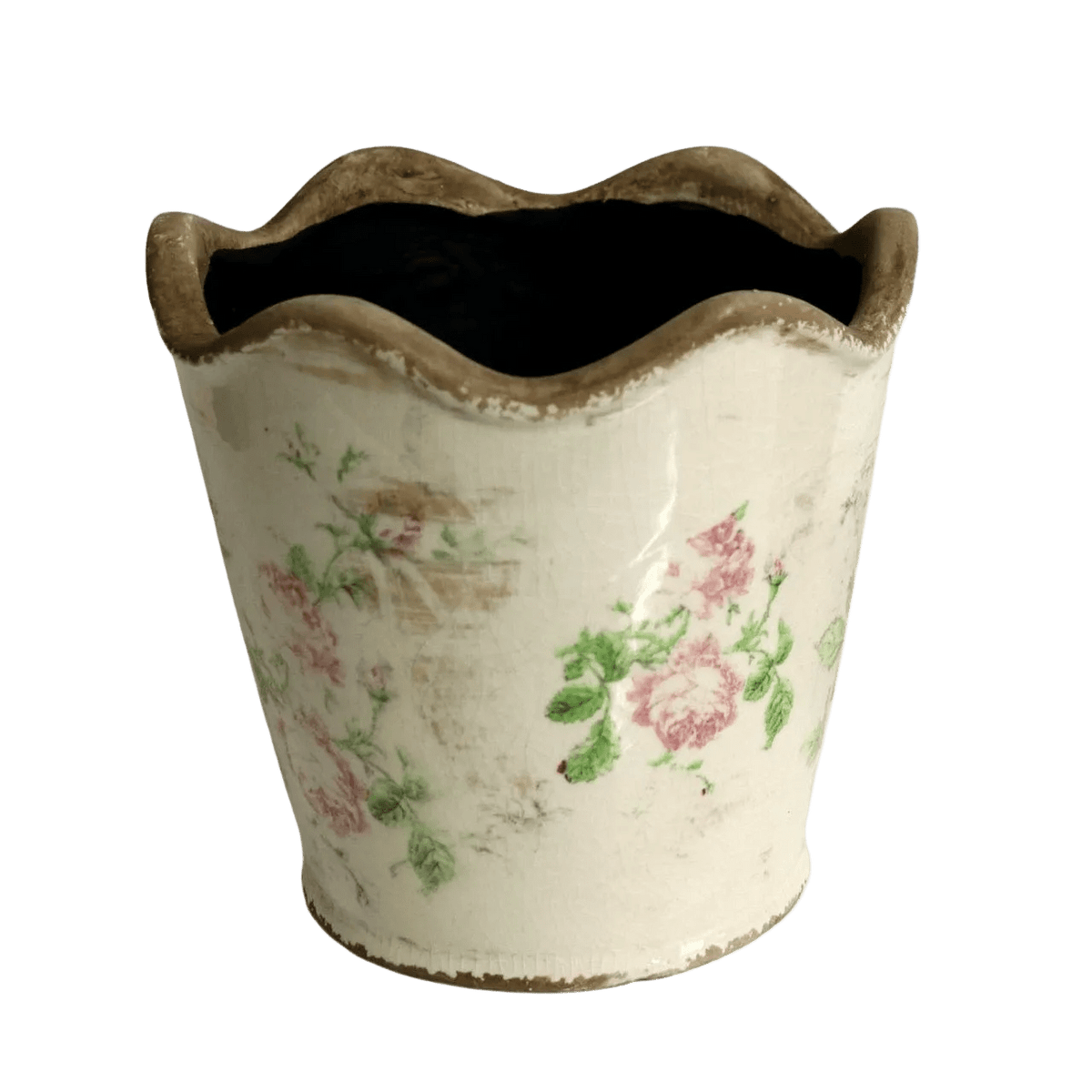 Off White Pot Planter - Pink Roses & Green Leaves