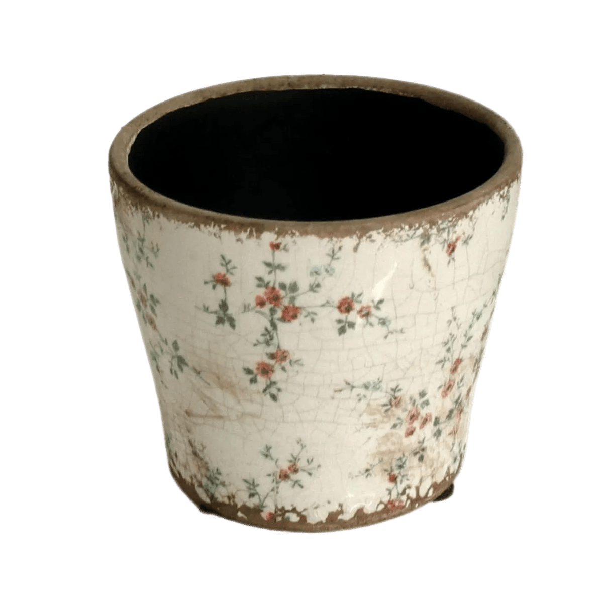 Off White Pot Planter - Red Flowers & Green Vines