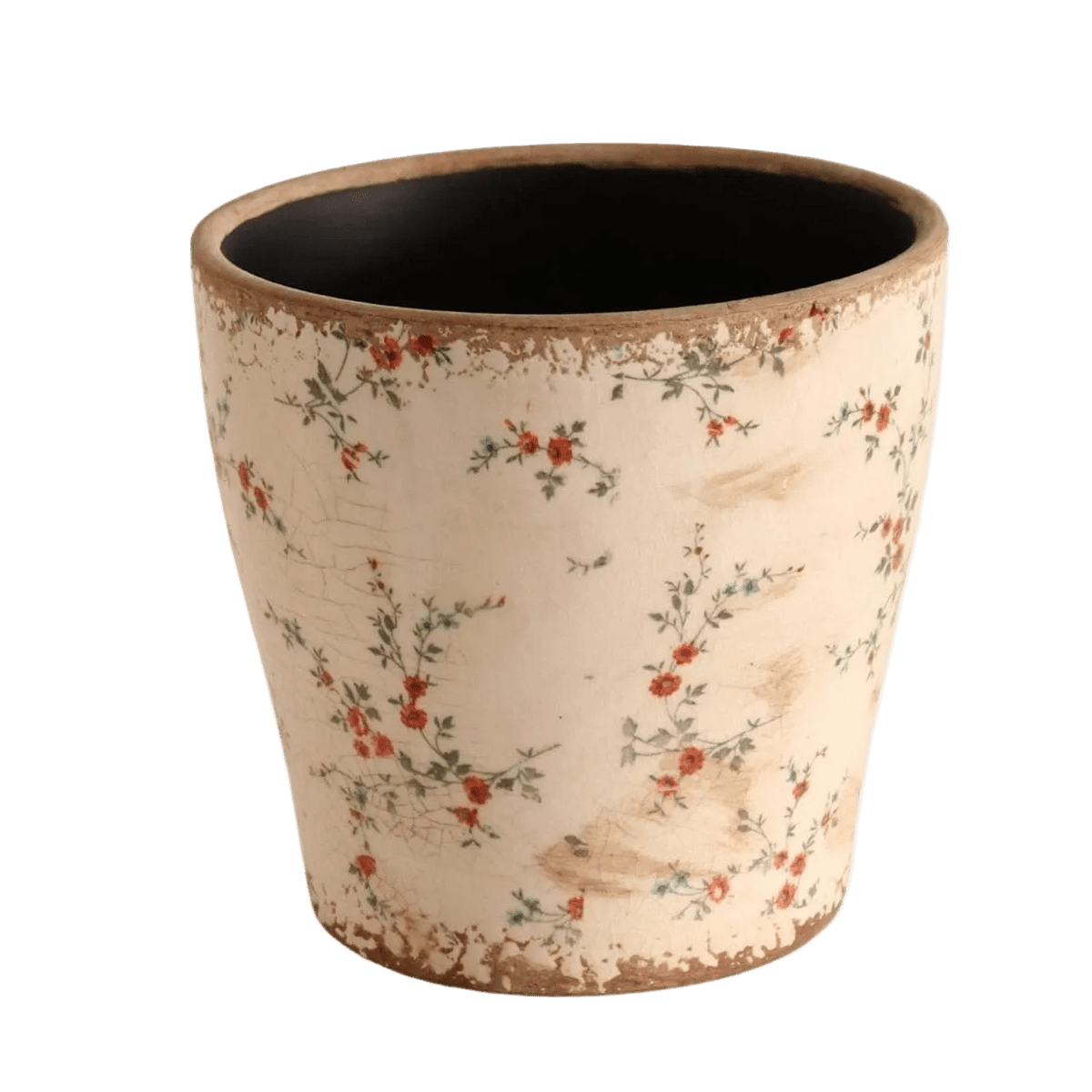 Off White Pot Planter - Red Flowers & Green Vines