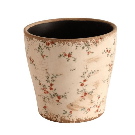 Off White Pot Planter - Red Flowers & Green Vines