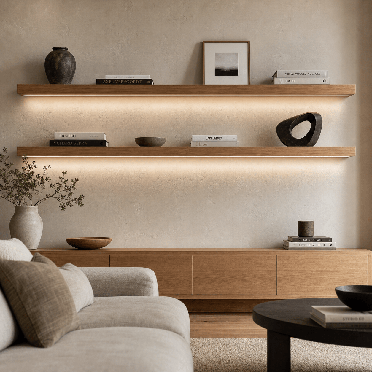 Floating shelf feature wall lighting scene