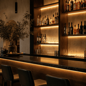 24V striplight in a restaurant counter and shelving scene
