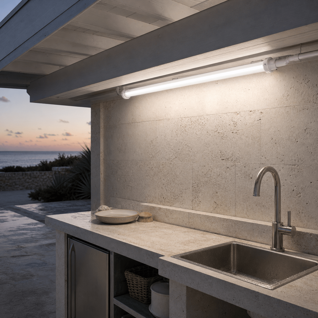 T8 IP65 tube in a coastal patio prep lighting scene