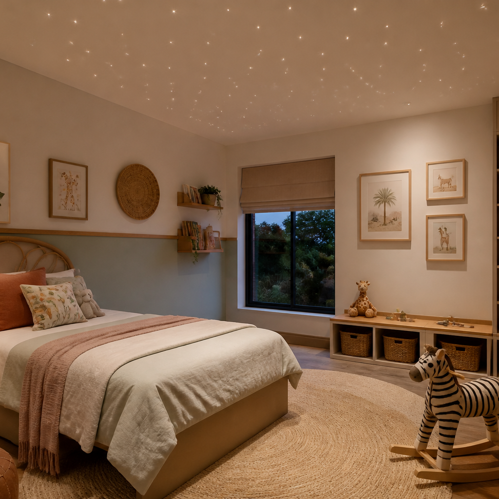 Gentle fibre optic star ceiling lighting in a child’s bedroom