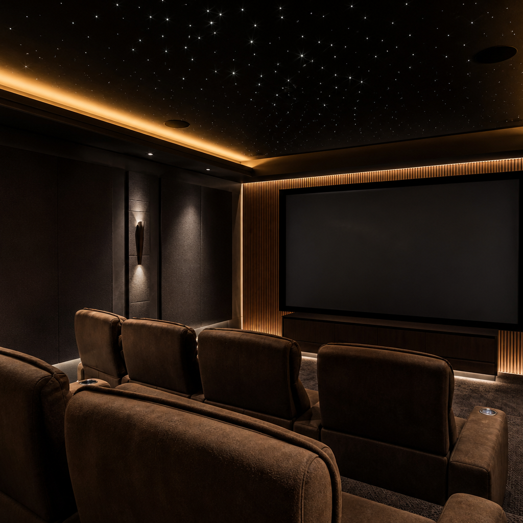 Fibre optic star ceiling lighting in a home cinema