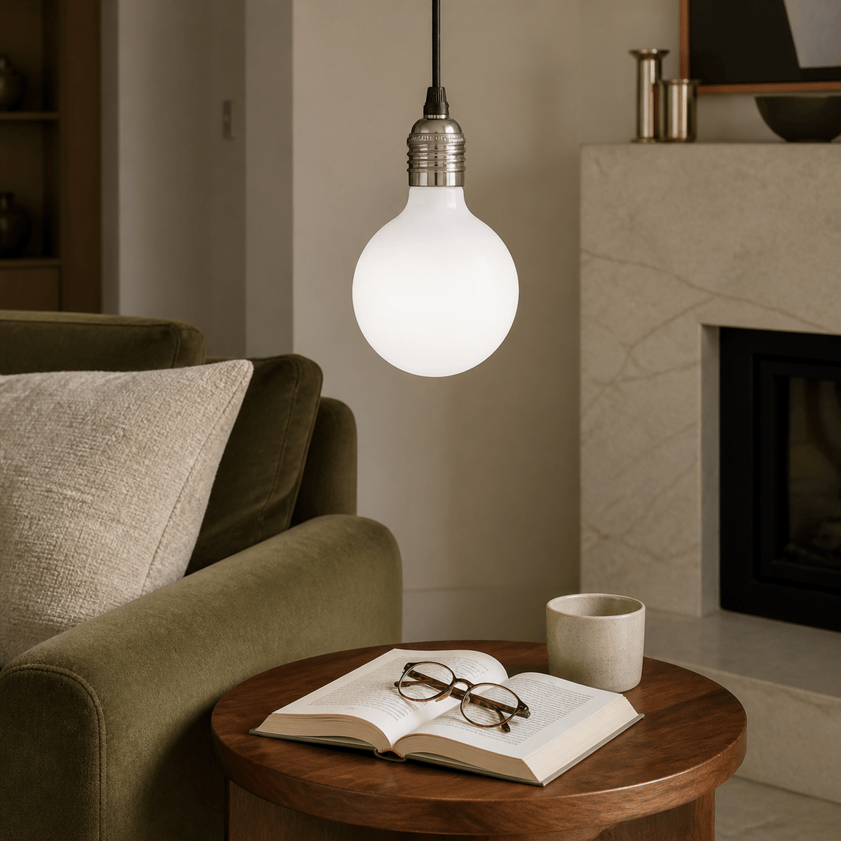 8W E27 G125 opal LED bulb in an indoor lighting setting