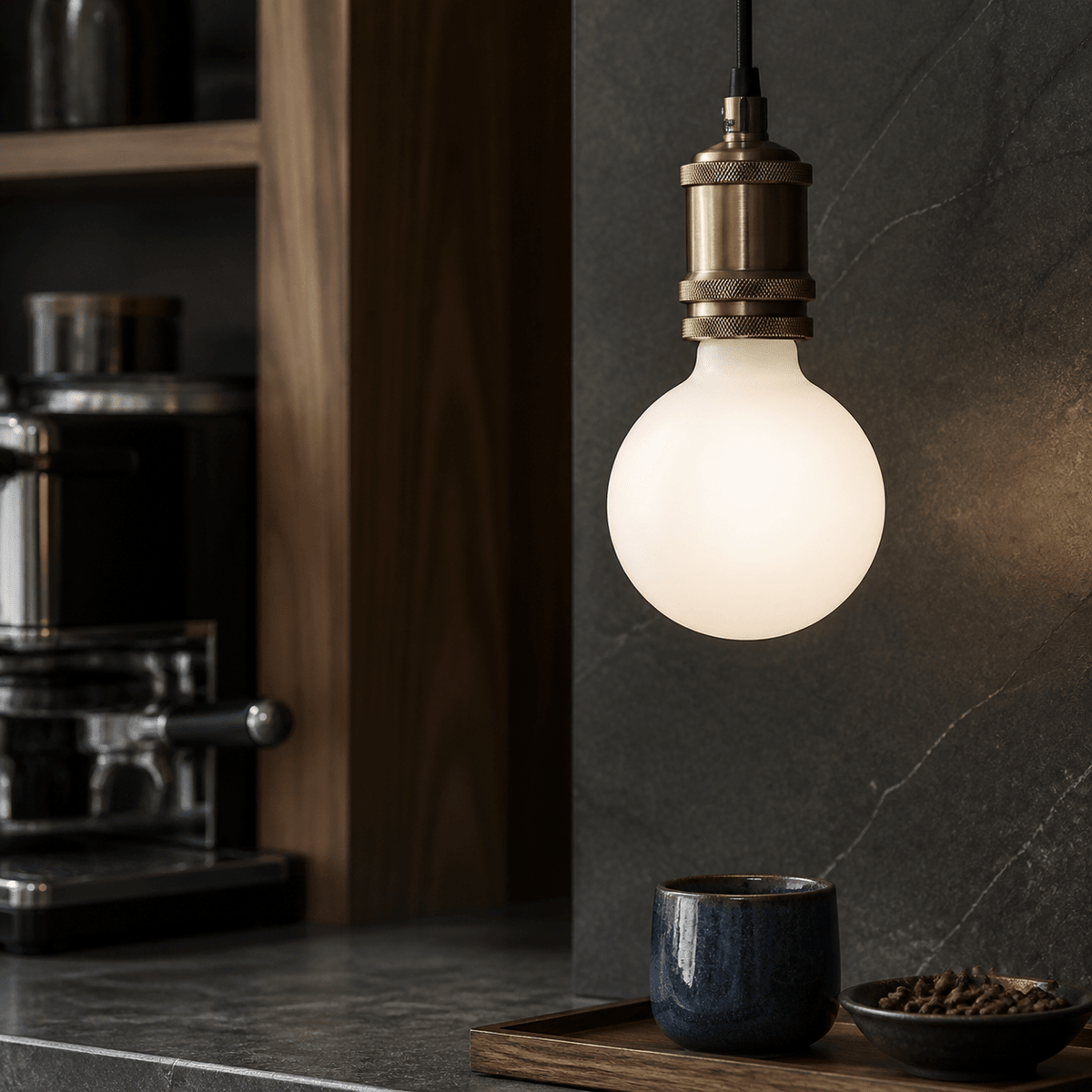 8W E27 G125 opal LED bulb in an indoor lighting setting