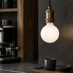 8W E27 G125 opal LED bulb in an indoor lighting setting