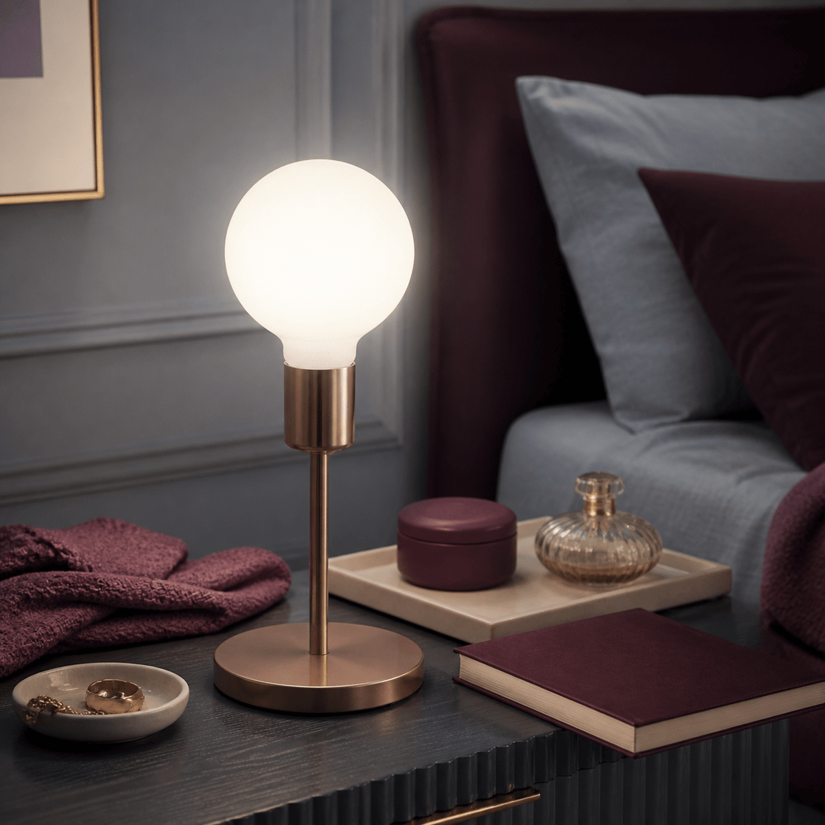 8W E27 G125 opal LED bulb in an indoor lighting setting