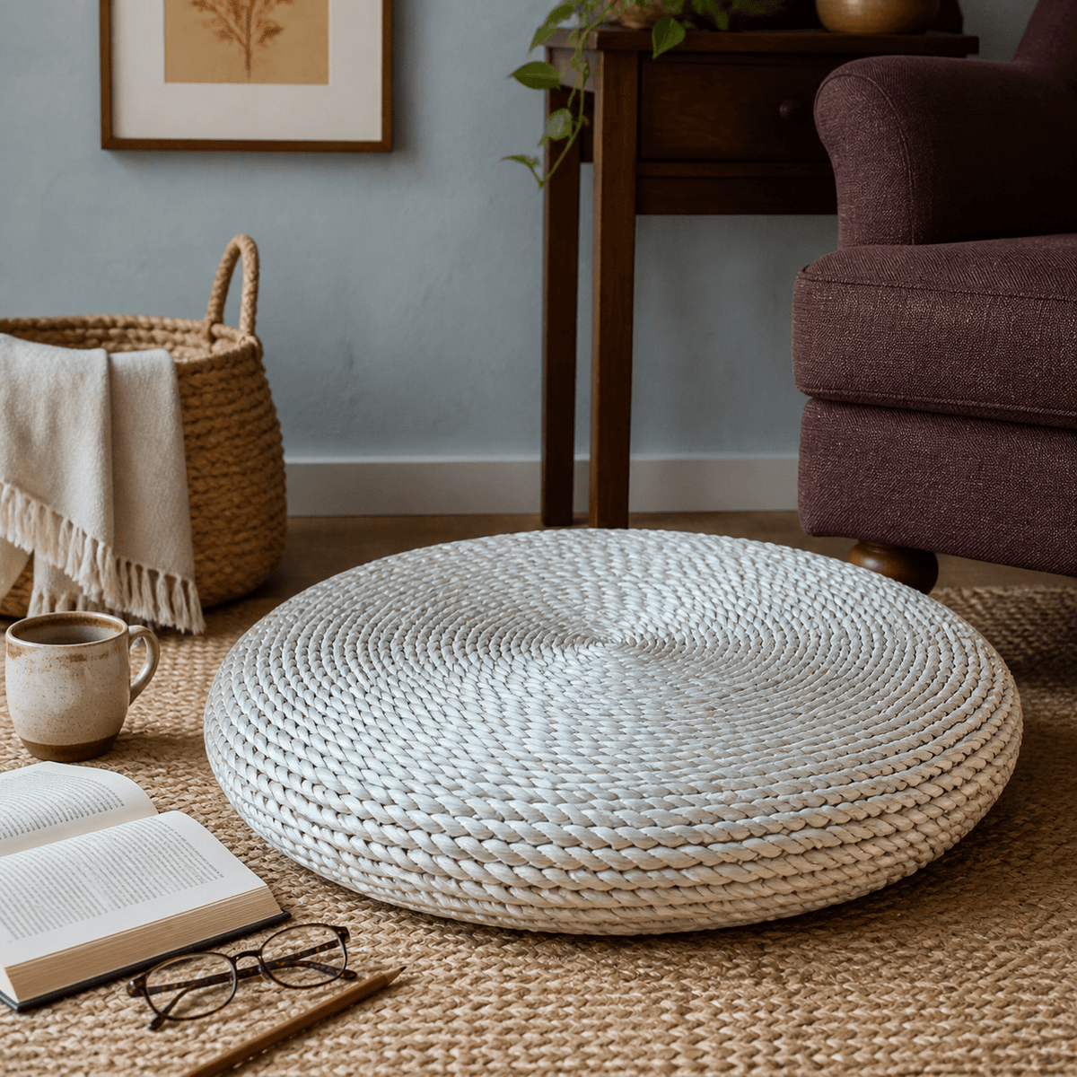 Round woven natural floor cushion in a lived-in South African interior, lifestyle scene 3